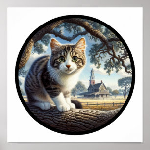 A Circular 3D Image of a Domestic Medium Hair Cat Poster