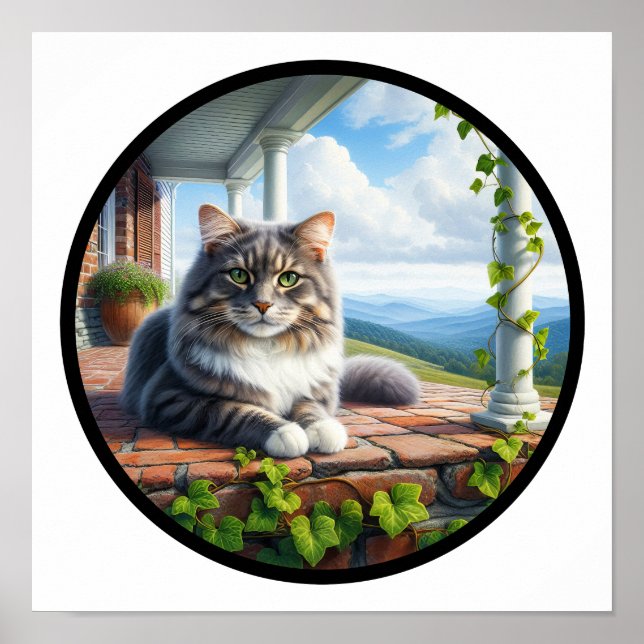 A Circular 3D Image of a Domestic Medium Hair Cat Poster (Front)