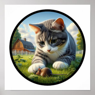 A Circular 3D Image of a Domestic Shorthair Cat Poster
