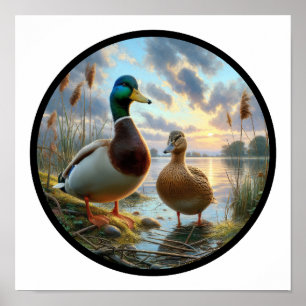 A Circular 3D Image of a Male and Female Mallard  Poster