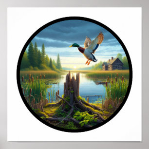 A Circular 3D Image of a Mallard Duck Flying Poster