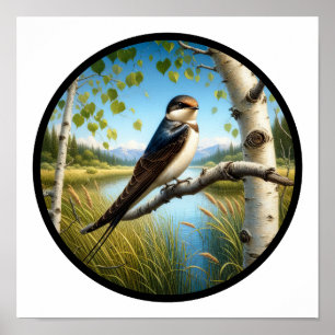 A Circular 3D Image of a Perched Tree Swallow  Poster