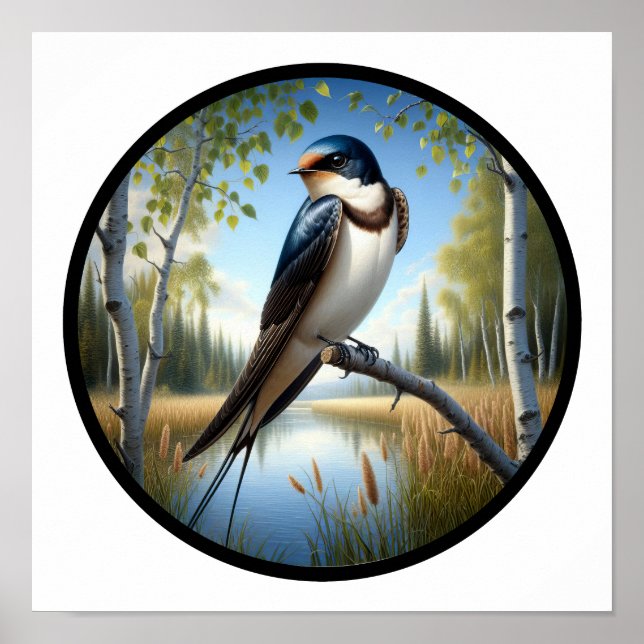 A Circular 3D Image of a Perched Tree Swallow  Poster (Front)