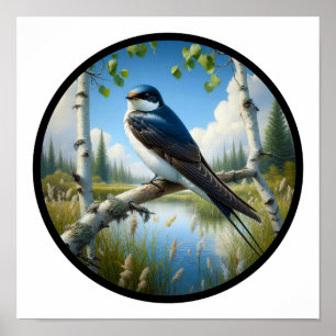 A Circular 3D Image of a Perched Tree Swallow Poster