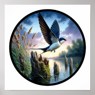 A Circular 3D Image of a Tree Swallow flying Poster