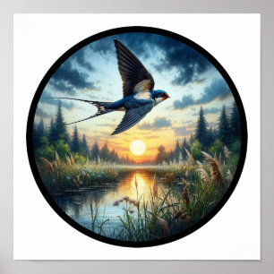 A Circular 3D Image of a Tree Swallow flying Poster