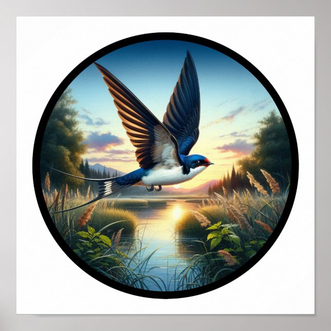 A Circular 3D Image of a Tree Swallow flying Poster (Front)