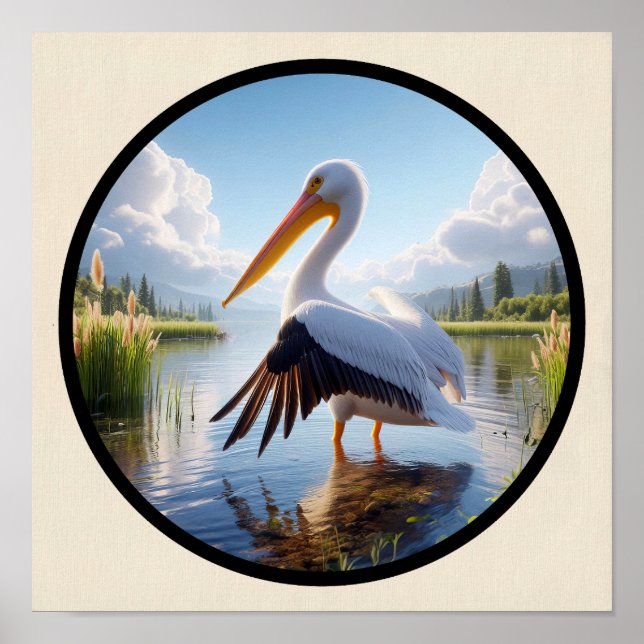 A Circular 3D Image of an American White Pelican Poster (Front)