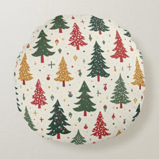 A circular cushion with a Christmas tree pattern