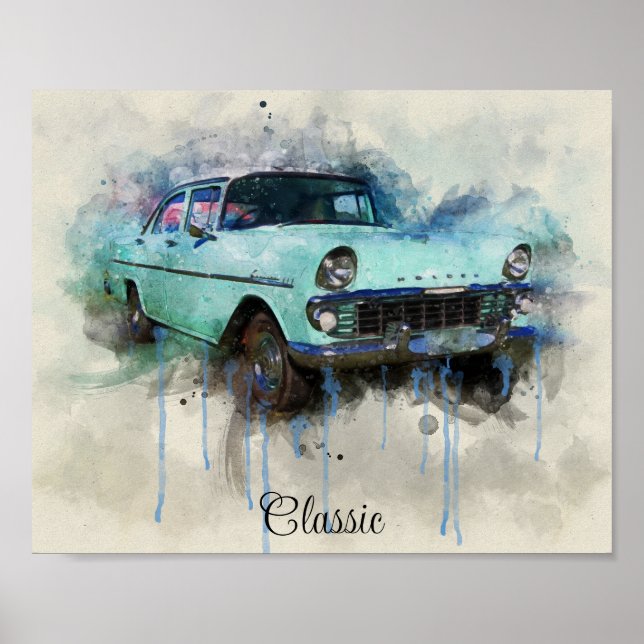 A classic old pale Blue car poster (Front)