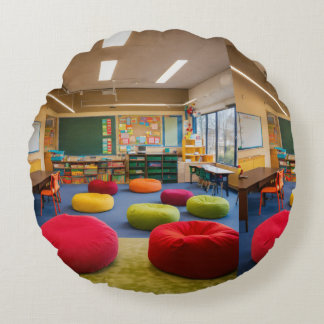 A classroom with a teacher's desk, and student d round pillow