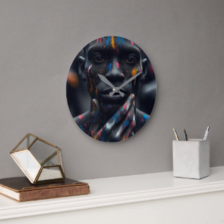 A close shot portrait of a colorful man large clock
