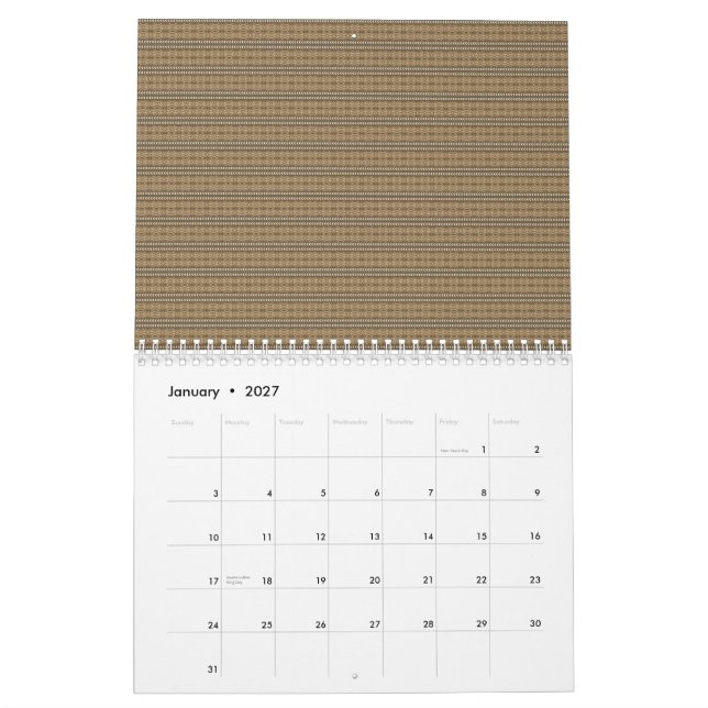 A close-up image showcasing a fabric with a tan an calendar (Jan 2027)