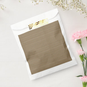 A close-up image showcasing a fabric with a tan an favour bag