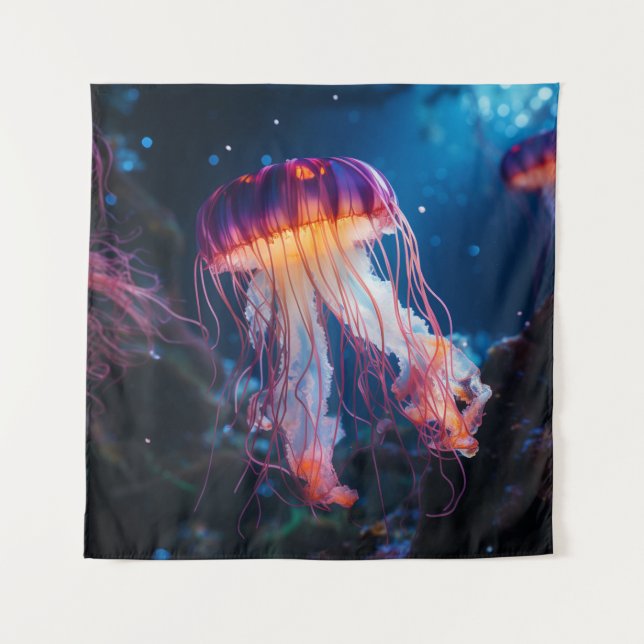 A close-up of a glowing curly jellyfish tapestry (Front)