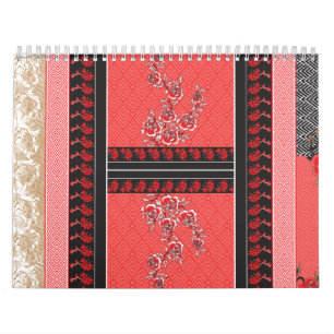 A close-up of red and black patterned fabric featu calendar