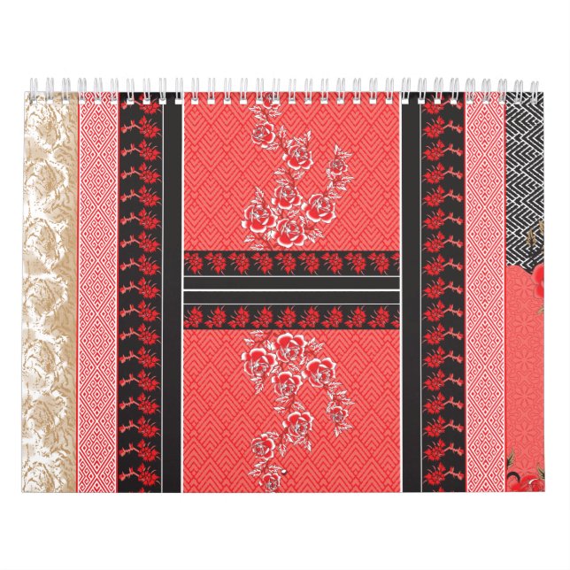 A close-up of red and black patterned fabric featu calendar (Cover)