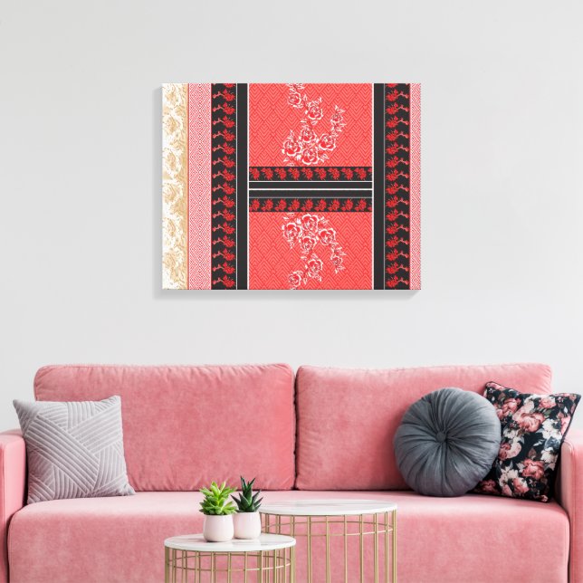 A close-up of red and black patterned fabric featu canvas print (Insitu(LivingRoom))