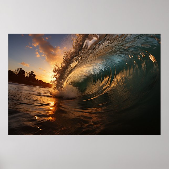 A close up picture of a giant wave at sunset poster (Front)