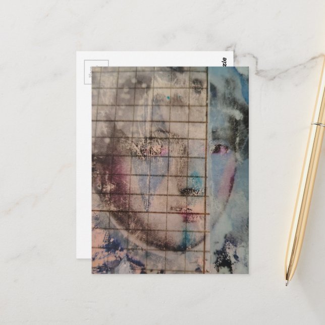 A Clown Face Abstract mixed media collage Postcard (Front/Back In Situ)