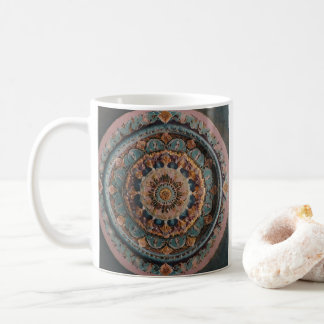 A coffee mug with an aesthetic mandala design