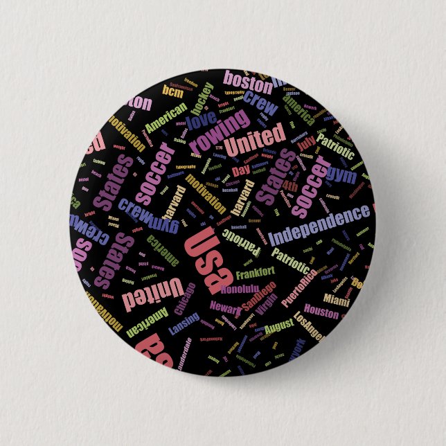 A collection of coloured words that describe Ameri 2 Inch Round Button (Front)
