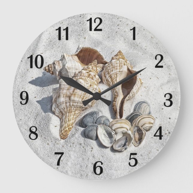 A Collection of Seashells on Sand Black Numbers Large Clock (Front)