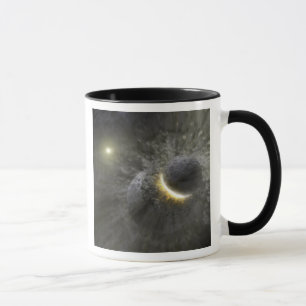 A collision between massive objects in space mug