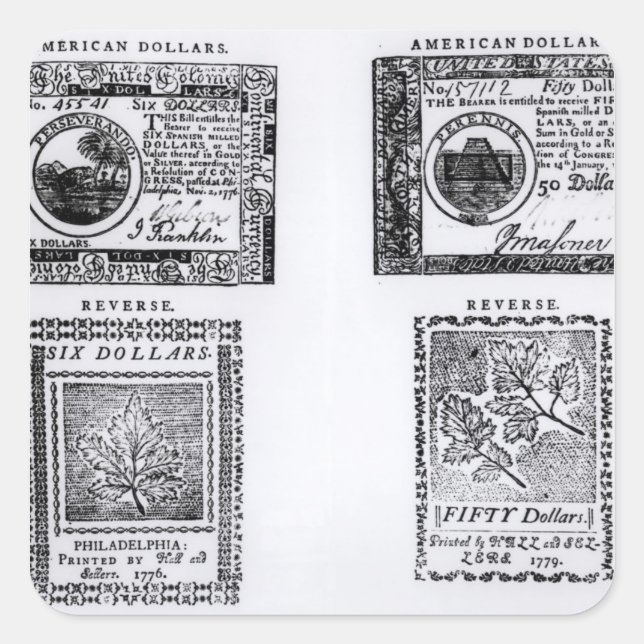 A colonial six dollar bill square sticker (Front)