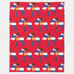 A Colorado Moose wearing a Santa Claus Hat Fleece Blanket