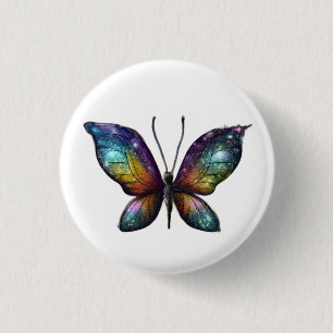 A colorful butterfly with galaxy-like wings is dep 1 inch round button