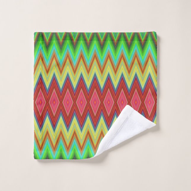 A colorful, geometric-patterned towel set hangs (Wash Cloth)