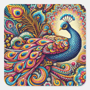 A colorful image of a pointillism paisley peacock square sticker