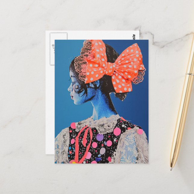 A Colorful lady with a big bow Collage Postcard (Front/Back In Situ)