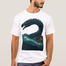 A colossal sea serpent curling around  sunken city