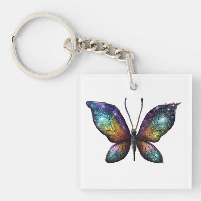 A colourful butterfly with galaxy-like wings is de keychain (Front)