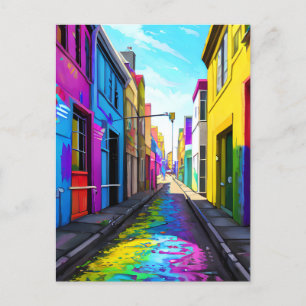 A colourful city street postcard