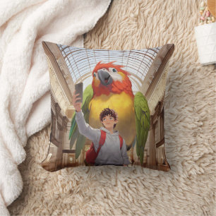 A Colourful Encounter – Giant Parrot at the Museum Throw Pillow