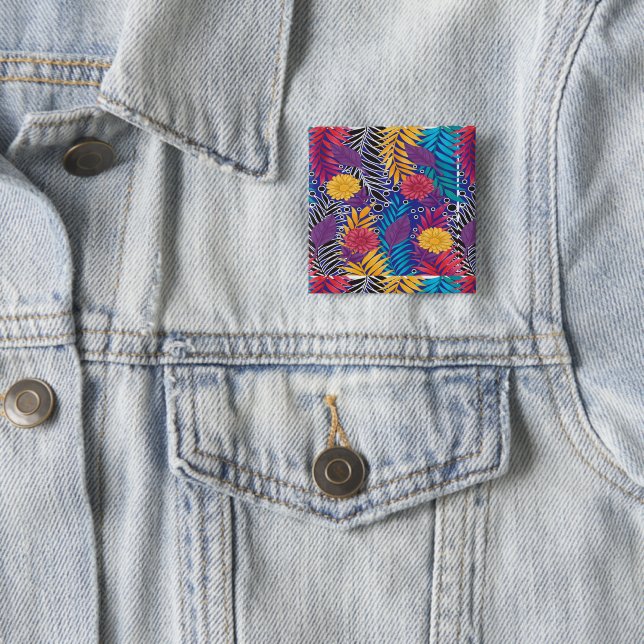 a colourful flower and leaves pattern on a blue ba 2 inch square button (In Situ)