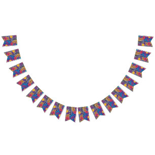 a colourful flower and leaves pattern on a blue ba bunting flags