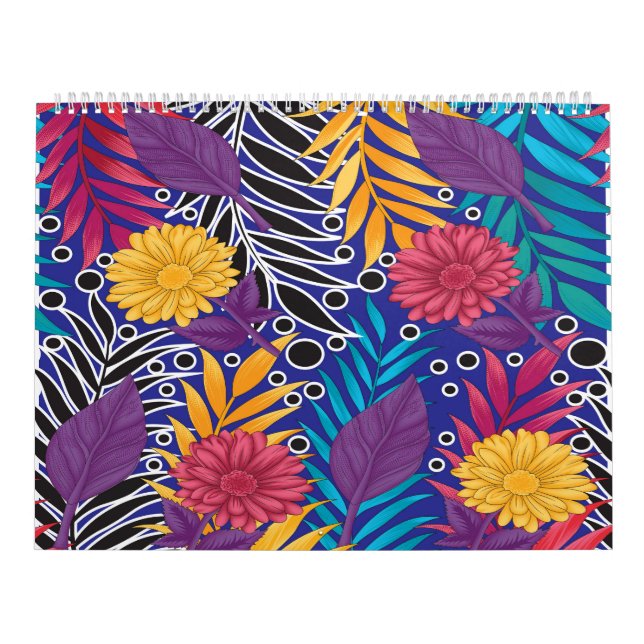 a colourful flower and leaves pattern on a blue ba calendar (Cover)