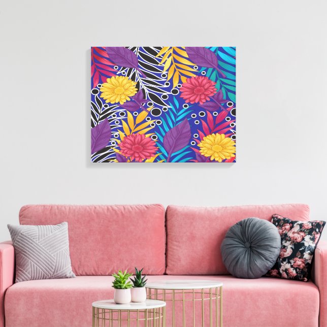 a colourful flower and leaves pattern on a blue ba canvas print (Insitu(LivingRoom))