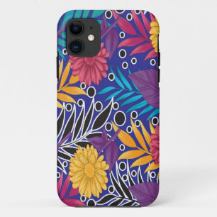 a colourful flower and leaves pattern on a blue ba iPhone 11 case