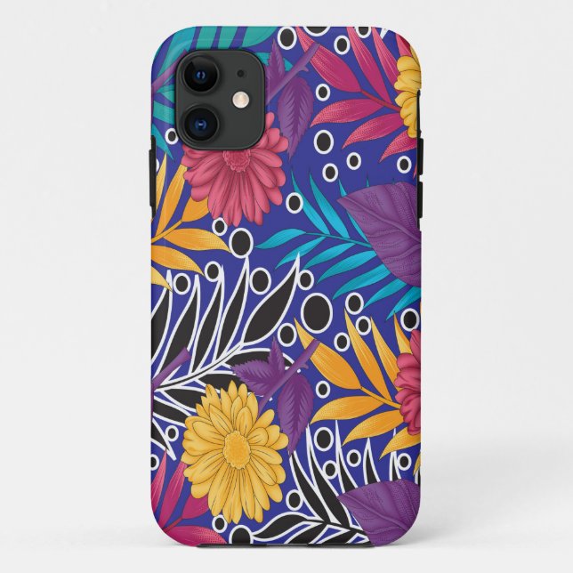 a colourful flower and leaves pattern on a blue ba Case-Mate iPhone case (Back)
