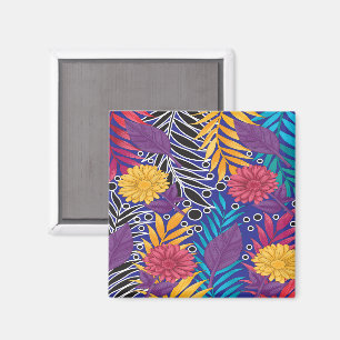 a colourful flower and leaves pattern on a blue ba magnet