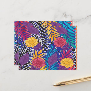a colourful flower and leaves pattern on a blue ba postcard