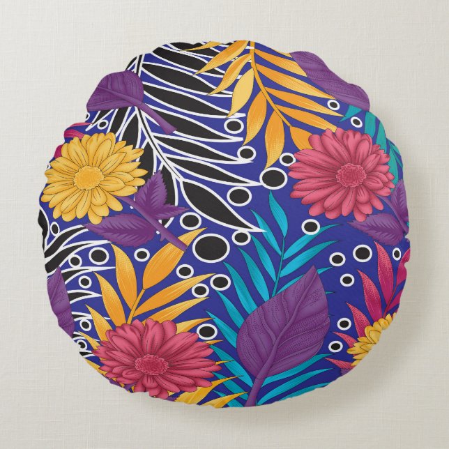 a colourful flower and leaves pattern on a blue ba round pillow (Front)