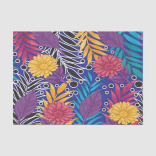 a colourful flower and leaves pattern on a blue ba tissue paper
