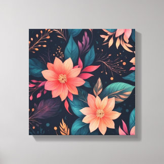 a colourful flowers and leaves on a black backgrou canvas print