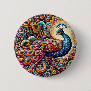 A colourful image of a pointillism paisley peacock 2 inch round button